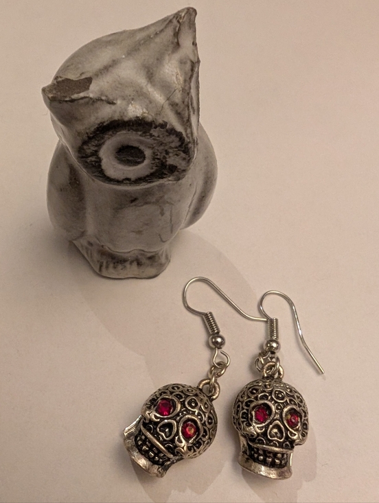 Jewelry - Silver Sugar Skull Drop Earrings with Red Eyes